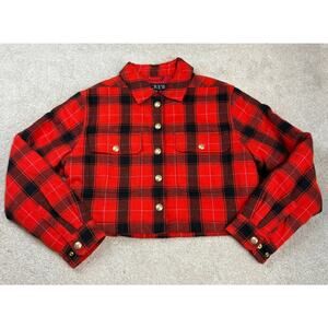 NWOT J. Crew Red and Black Buffalo Check Cropped Puffer Jacket Size M